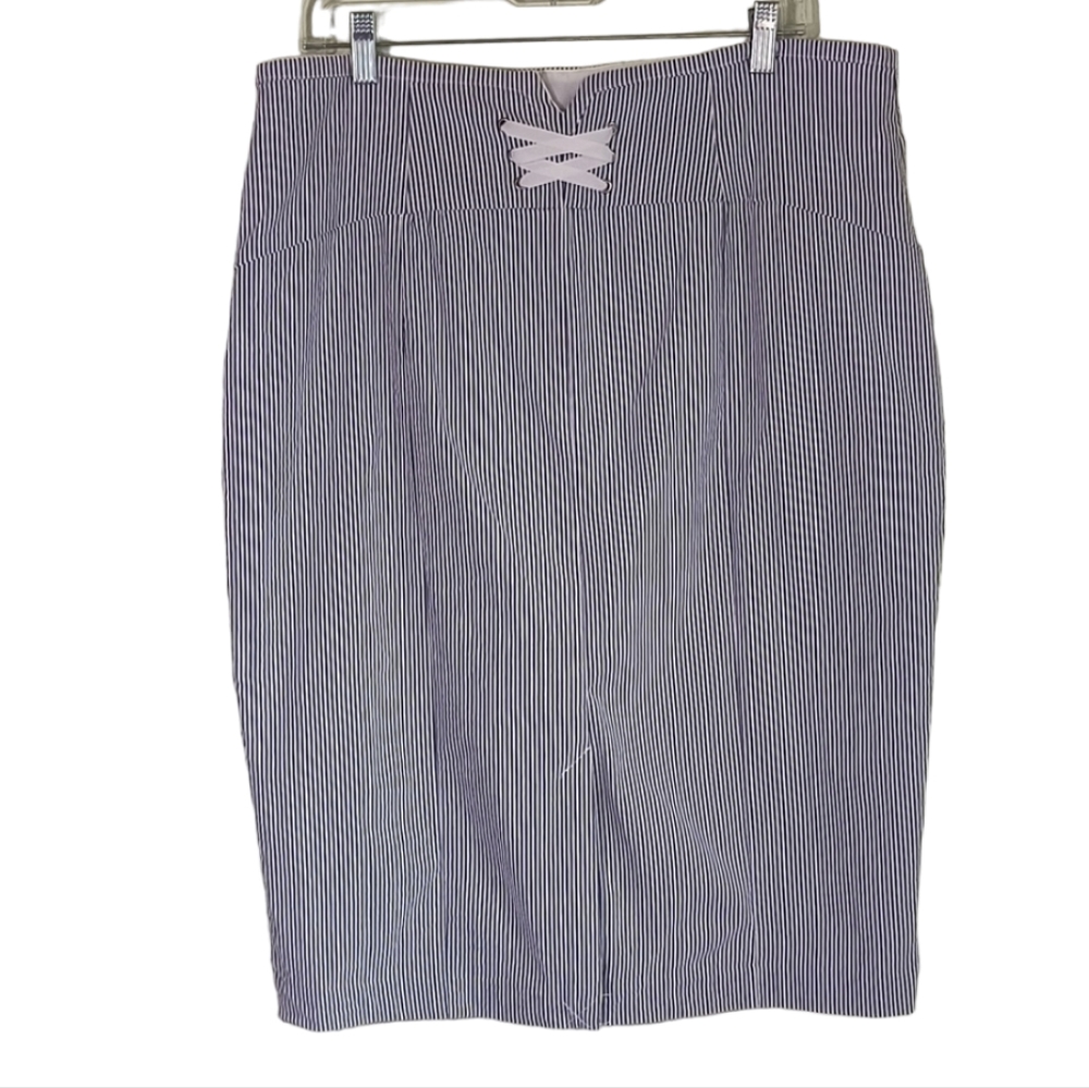 New York & Co Pencil Skirt Wmn's 18 Blue White Striped Seersucker Nautical - Picture 6 of 16